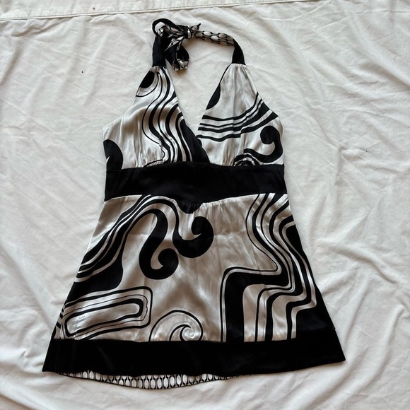 bebe vintage black and white geometric patterned halter neck tank top crop top - Picture 3 of 6